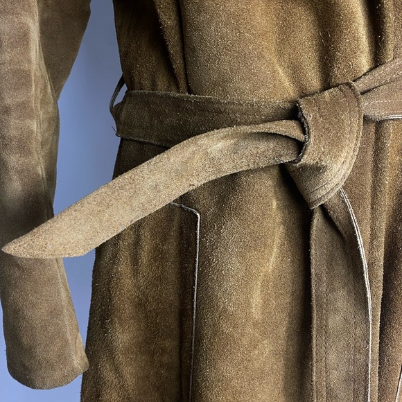 VINTAGE Genuine Suede Penny Lane Faux Fur Trim Belted Trench Coat Brown Small - Picture 4 of 12